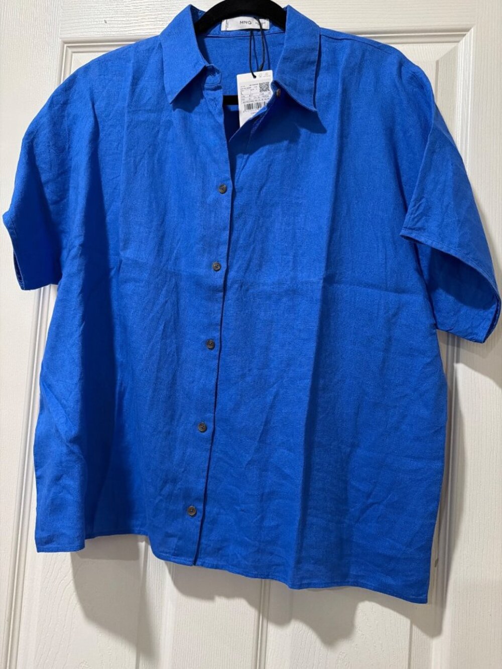 MNG Womens Blue Linen Short-Sleeve Button-Up Shirt Size L Lightweight & Breathab